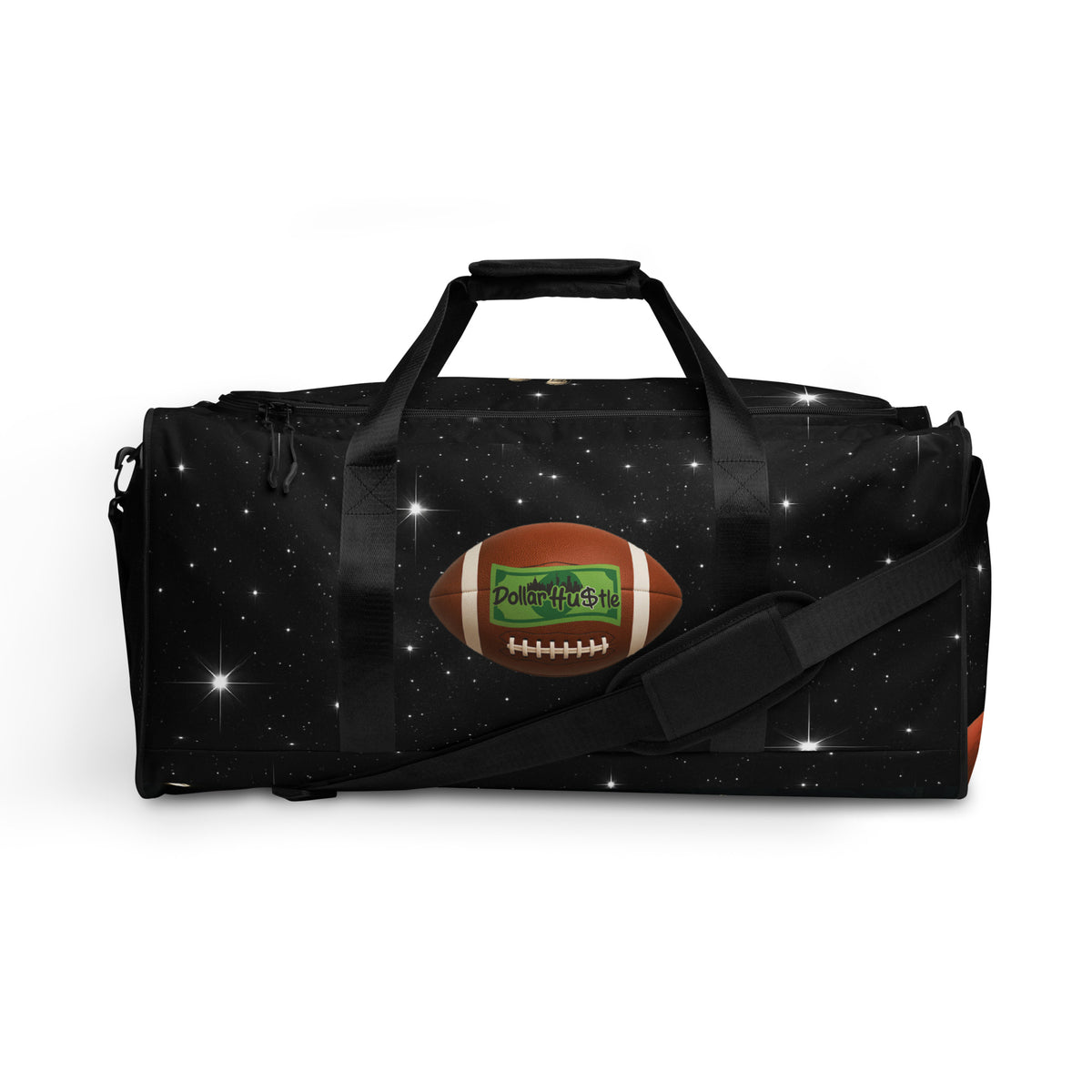 Dollar Hustle Space Football all-over-print duffle bag, front view