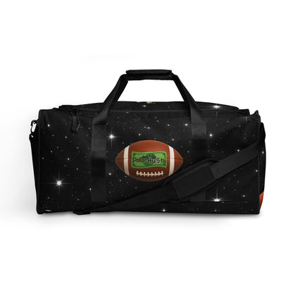 Dollar Hustle Space Football all-over-print duffle bag, front view