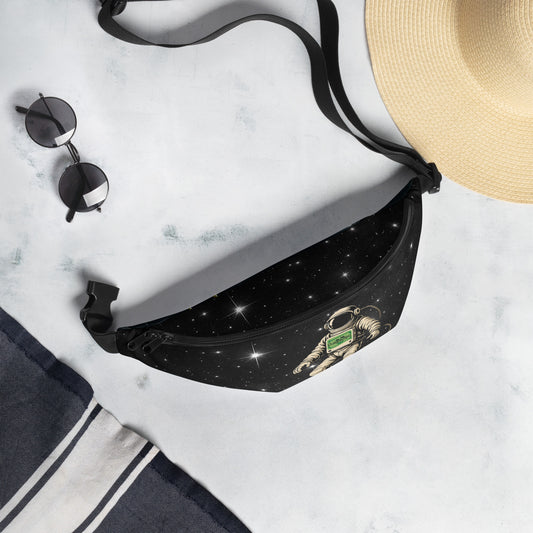 Space football fanny pack worn across the body, lifestyle photo