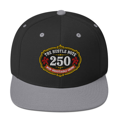 Hustle Note 250 design on black and silver classic snapback