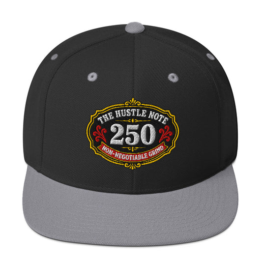 Hustle Note 250 design on black and silver classic snapback