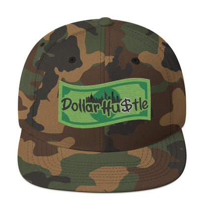 Green camo classic snapback with embroidered Dollar Hustle logo