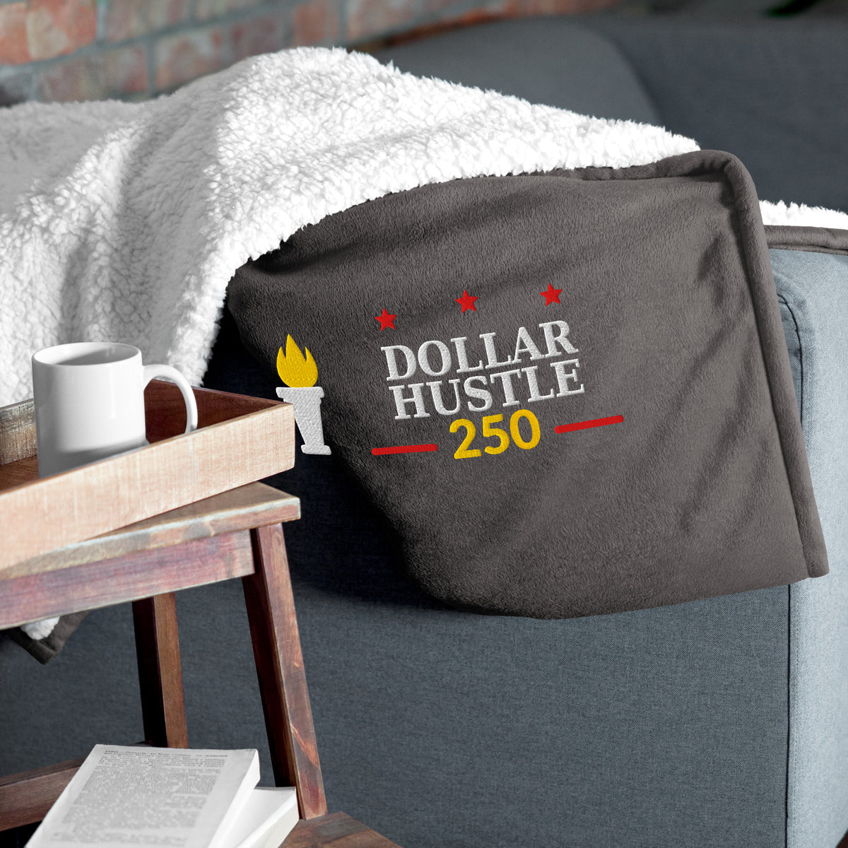 Dollar Hustle 250 embroidered premium sherpa blanket, heather grey