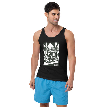 Squat design on black staple tank top