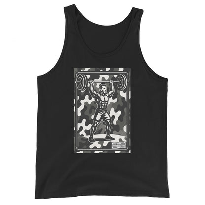 Shoulder press design on black staple tank top