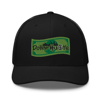 Black retro trucker cap with embroidered Dollar Hustle logo