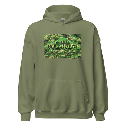 Green Camo #1 design on military green heavy blend hoodie