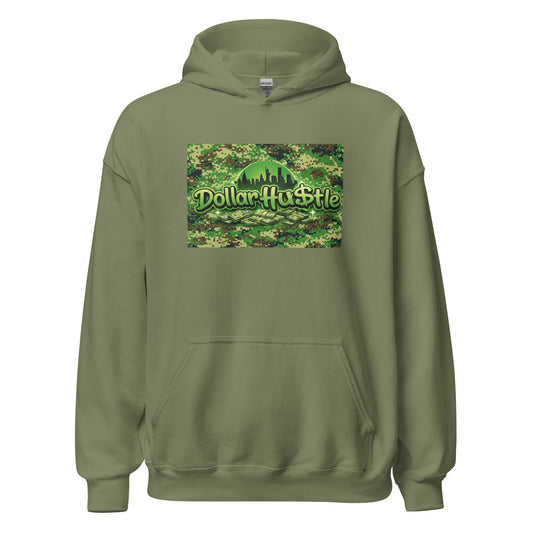 Green Camo #1 design on military green heavy blend hoodie