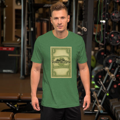 Retro Dollar Hustle logo on heather grass green staple t-shirt