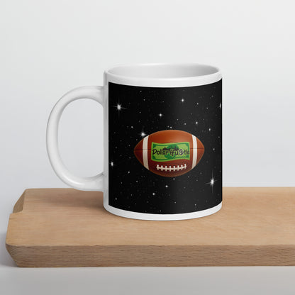 Dollar Hustle football mug, white glossy 20 oz, on cutting board